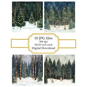 Besneeuwd dennenbos met kerstverlichting JPG clipartbundel - digitale download