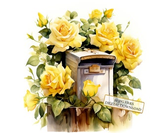 Mailbox with Yellow Roses Clipart Bundle- 10 High Quality Watercolor JPGs- Crafting, Junk Journaling, Scrapbook, Digital Download