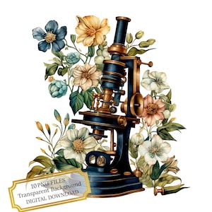 Vintage Microscope with Flowers PNG Clipart Bundle- Digital Download