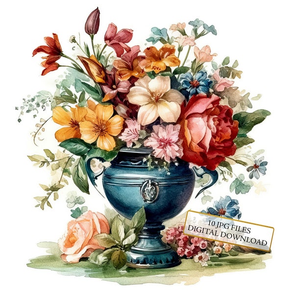 Vintage Flowers in Vase Clipart Bundle- 10 High Quality Watercolor JPGs- Victorian, Journaling, Scrapbook Supply, Digital Download