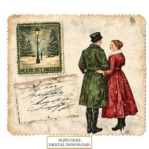 Pacchetto di clipart di cartoline di Natale vintage - 10 JPG di acquerelli di alta qualità - Vacanze invernali, diario, forniture per album, download digitale