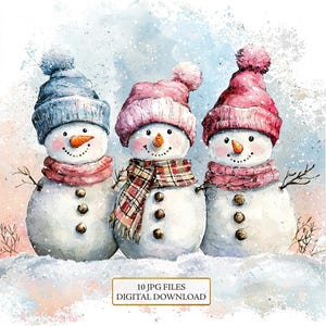 Vintage Pink Blue Snowmen in Winter Clipart Bundle- 10 High Quality Watercolor JPGs- Christmas, Craft, Scrapbook Supply, Digital Download
