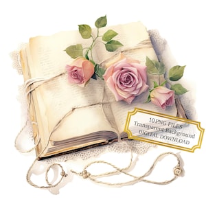 Vintage open boek met roze rozen clipartbundel-10 hoge kwaliteit aquarel png's-craft, journaling, scrapbook levering, digitale download
