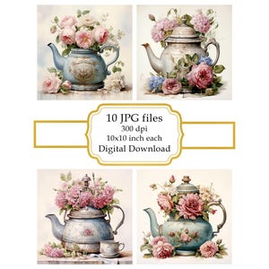 Paquete de imágenes prediseñadas JPG de tetera Shabby Chic - Descarga digital