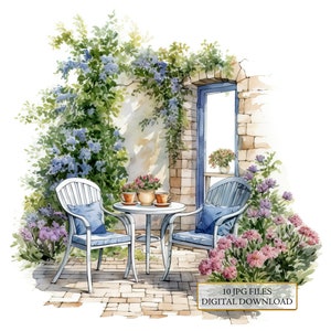 Gemütliche Blumen Garten Sitzplatz Clipart Bundle - 10 hochwertige Aquarell JPGs - Basteln, Junk Journaling, Scrapbook, digitaler Download