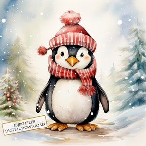 Kerstpinguïn warm gekleed clipartbundel-10 hoge kwaliteit aquarel jpg's-kerstkunst, plakboekvoorraad, digitale download