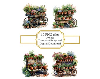 Rustic Wood Garden Wagon with Potted Flowers PNG Clipart Bundle- Digital Download
