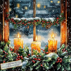 Weihnachtsfenster mit Kerzen und Dekor Clipart Bundle- 10 hochwertige Aquarell JPGs- Winter, Journaling, Scrapbooking, digitaler Download