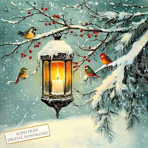 Lanterne de Noël dans la forêt enneigée avec oiseaux Clipart Bundle - 10 JPG aquarelles de haute qualité - journalisation, fourniture de scrapbooking, téléchargement numérique