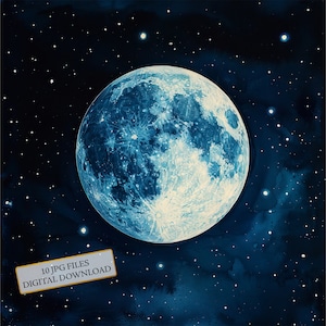 Paquete de imágenes prediseñadas de luna llena iluminando un cielo estrellado: 10 imágenes JPG de acuarela de alta calidad. Descarga digital para diario, scrapbooking y más.