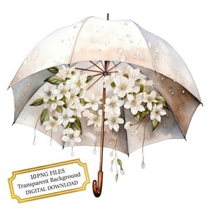 Weißer Regenschirm mit Blumen Clipart Bundle - 10 hochwertige Aquarell PNGs - Frühling, Handwerk, Journaling, Scrapbook Versorgung, digitaler Download