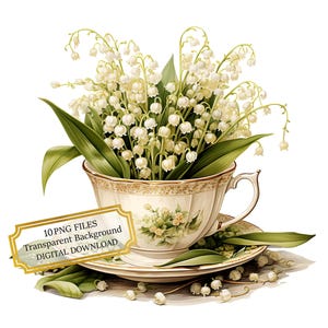 Teacup with Lily of the Valley Inside PNG Clipart Bundle- Digital Download