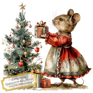 Adorable souris avec des cadeaux sous le sapin de Noël Clipart Bundle - 10 PNG aquarelles de haute qualité - journalisation, album, téléchargement numérique