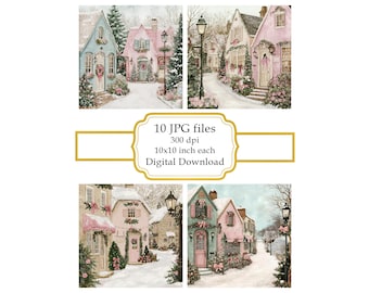 Christmas Street with Festive Houses JPG Clipart Bundle- Digital Download
