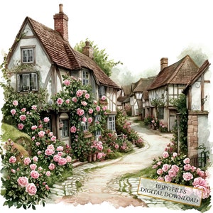 Old British Village begroeid met bloemen clipartbundel-10 hoge kwaliteit aquarel jpgs-journaling, scrapbook levering, digitale download