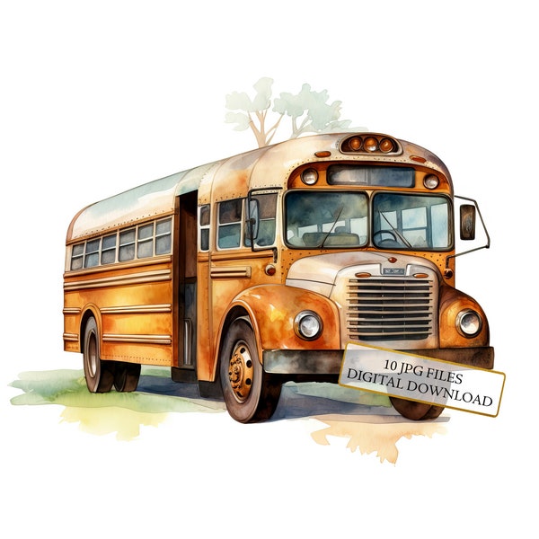 School Bus Clipart Bundle- 10 High Quality Watercolor JPGs- Back to School, Journaling, Scrapbook Supply, Digital Download