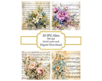 Vintage notblad med blommor JPG Clipart-paket - Digital nedladdning