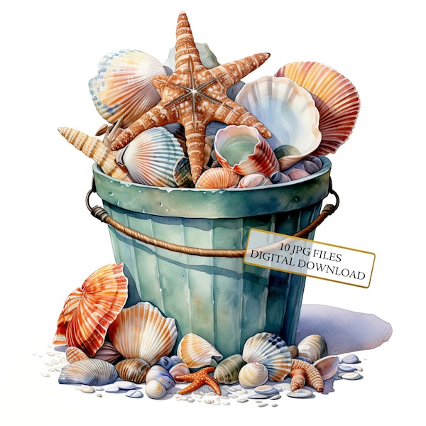 Seashells in a Bucket Clipart Bundle- 10 High Quality Watercolor JPGs- Summer Sea Art, Craft, Journaling, Scrapbook Supply, Digital Download
