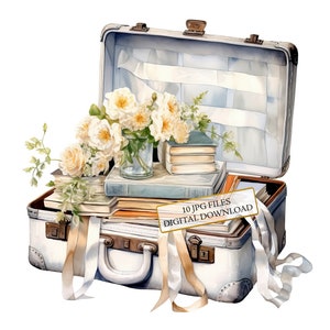 valise vintage avec fleurs blanches Clipart Bundle - 10 JPG aquarelles de haute qualité - Art de voyage, journalisation, scrapbooking, téléchargement numérique
