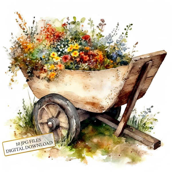 Wildflowers in a Wooden Wheelbarrow Clipart Bundle- 10 High Quality Watercolor JPGs- Craft, Journaling, Scrapbook Supply, Digital Download