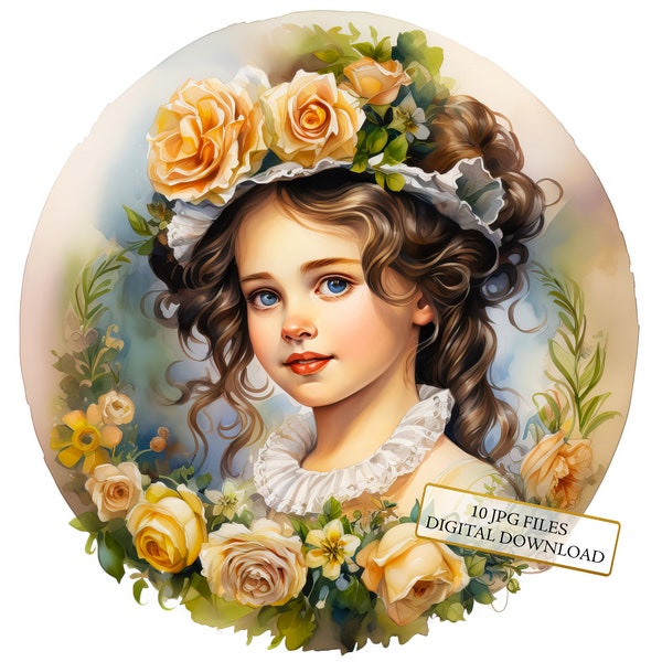 Vintage Little Girl Portrait Clipart Bundle- 10 High Quality Watercolor JPGs- Journaling, Scrapbooking, Digital Download