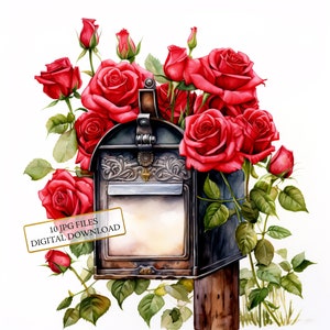 Cassetta postale con rose rosse Clipart Bundle - 10 JPG acquerellati di alta qualità - Artigianato, diario spazzatura, album, download digitale