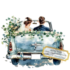 Bride and Groom in Just Married Wedding Car Clipart Bundle- 10 High Quality Watercolor PNGs- Craft, Journaling, Scrapbook, Digital Download