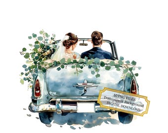 Bride and Groom in Just Married Wedding Car PNG Clipart Bundle- Digital Download