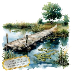 Angeln Teich Landschaft Clipart Bundle - 10 hochwertige Aquarell PNGs - Basteln, Junk Journaling, Scrapbook Versorgung, digitaler Download
