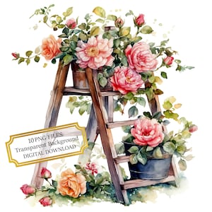 Houten trapladder met roze rozen clipartbundel-10 hoge kwaliteit aquarel png's-crafting, junkjournaling, plakboek, digitale download