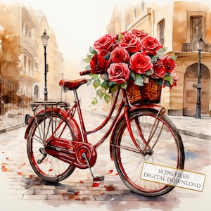 Bicycle with Basket of Roses in Town Scenery Clipart Bundle- 10 High Quality Watercolor JPGs- Journaling, Scrapbook Supply, Digital Download
