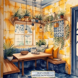 Paquete de imágenes prediseñadas en formato JPG de rincón de comedor de cocina amarillo y azul (descarga digital)