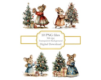 Adorable Mouse with Gifts Under the Christmas Tree PNG Clipart Bundle- Digital Download
