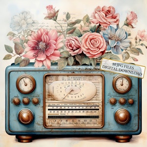 Shabby chique retro radio clipart bundel-10 hoge kwaliteit aquarel jpg's-vintage, crafting, journaling, scrapbook levering, digitale download