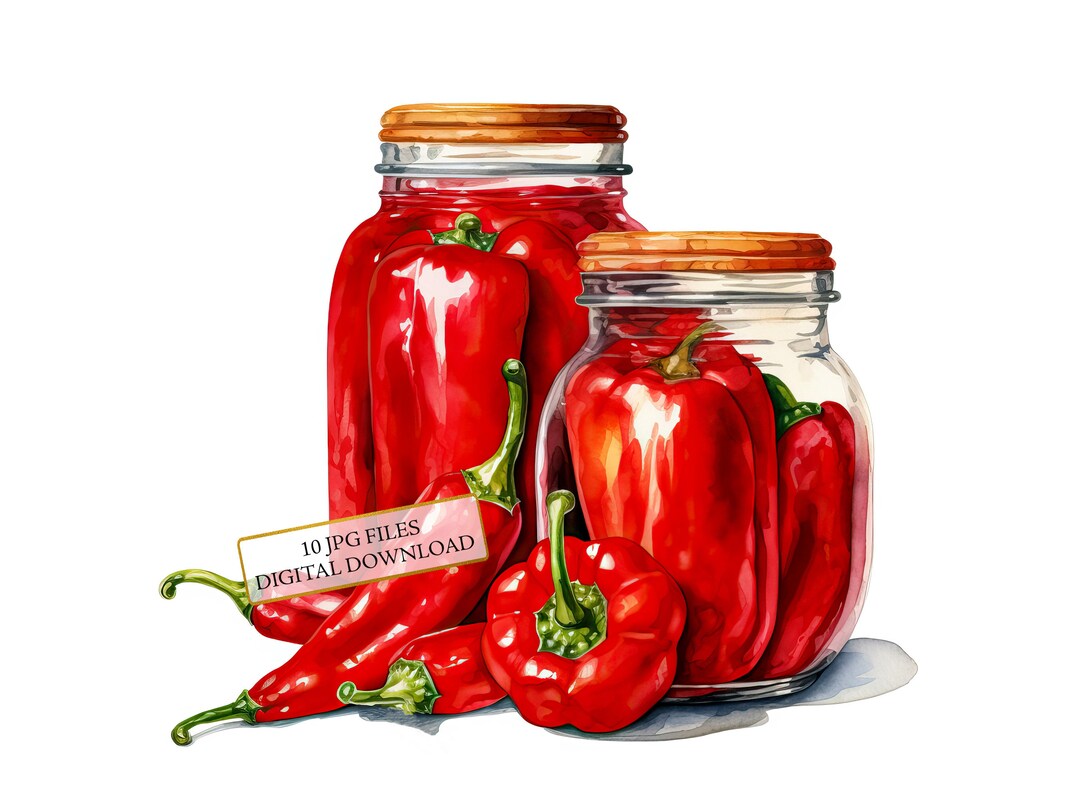 Jars of Red Peppers Clipart Bundle 10 High Quality Watercolor Jpgs