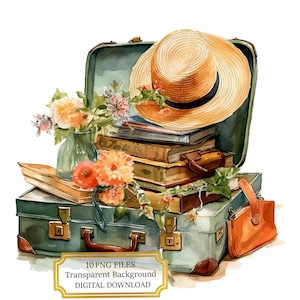 Vintage voyage valises Clipart Bundle-10 PNGs aquarelle haute qualité-vacances Art, journalisation, scrapbooking, téléchargement numérique