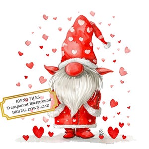 Pacote de clipart de gnomos adoráveis para o Dia dos Namorados - 10 PNGs em aquarela de alta qualidade - Dia dos Namorados, Diário, Scrapbooking, Download digital