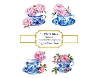 Tazza da tè cinese blu con peonie rosa PNG Clipart Bundle - Download digitale