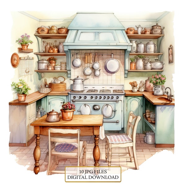 Grandma's Kitchen Clipart Bundle- 10 High Quality Watercolor JPGs- Crafting, Journaling, Scrapbook, Digital Download