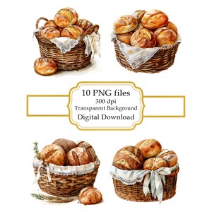 Brood in een mand met kant en lint PNG-clipartbundel - digitale download