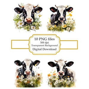 Adorable vache parmi des fleurs blanches et jaunes PNG Clipart Bundle - téléchargement numérique