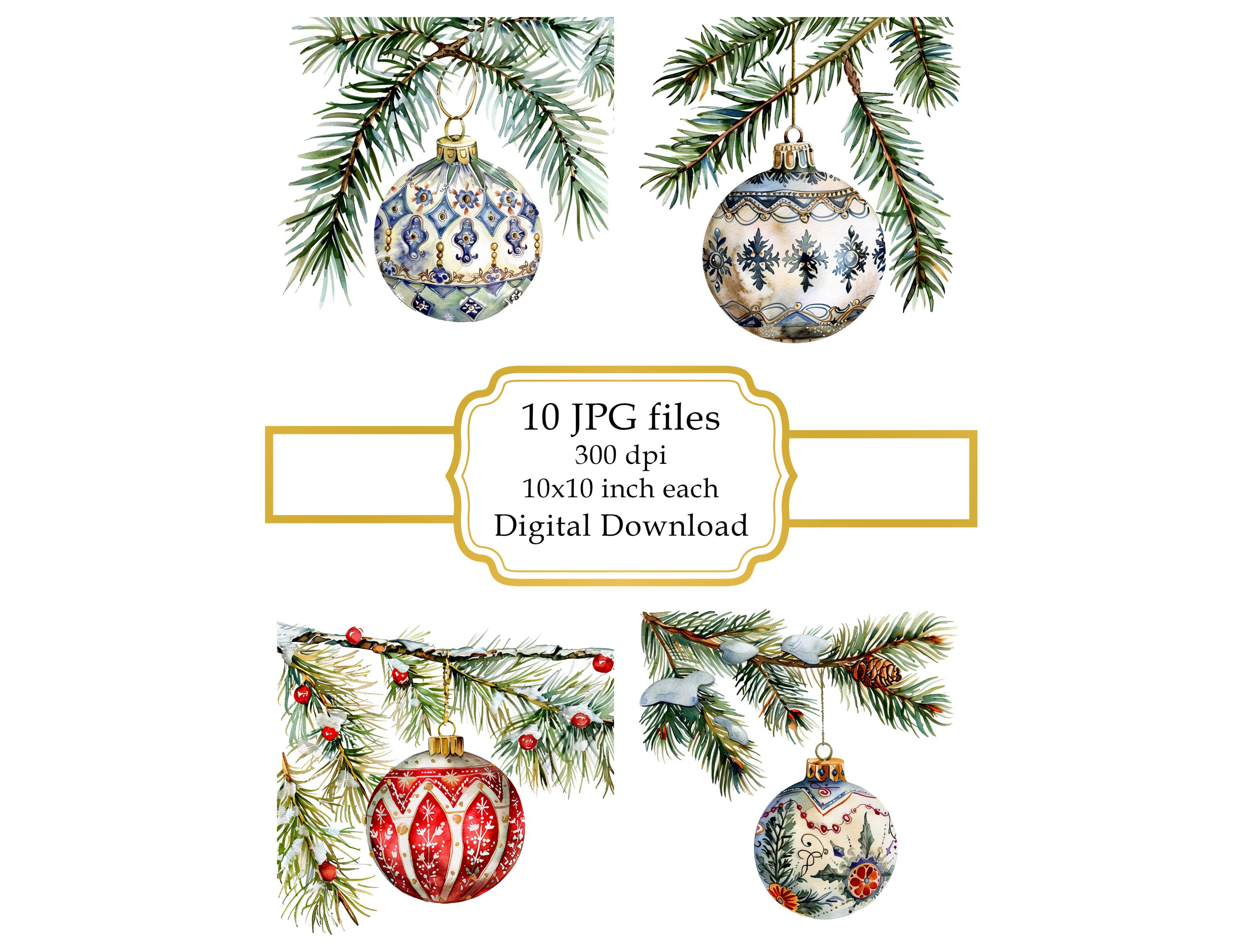 Weihnachtsschmuck auf Tannenzweig JPG Clipart Bundle-Digital Download