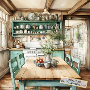 Pacchetto di clipart per cucina in stile rustico in legno naturale - 10 JPG ad acquerello di alta qualità - Forniture per artigianato, journaling, scrapbooking, download digitale