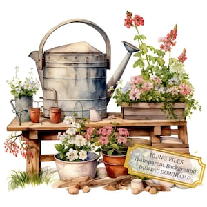Vintage Gardening Tools Clipart Bundle- 10 High Quality Watercolor PNGs- Garden Art, Crafting, Journaling, Scrapbooking, Digital Download