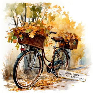 Bicicletta con foglie autunnali in uno scenario autunnale Clipart Bundle - 10 JPG acquerelli di alta qualità - Stagioni, diario, album, download digitale