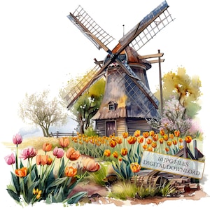 Oude huisje windmolen met tulpen clipartbundel-10 hoge kwaliteit aquarel JPGs-Craft, journaling, scrapbook levering, digitale download