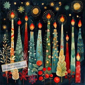 Paquete de imágenes prediseñadas de velas navideñas escandinavas: 10 imágenes JPG en acuarela de alta calidad. Ideal para vacaciones de invierno, diario, scrapbooking y descarga digital.