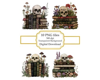 Vintage Books with Skull, Mushrooms and Flowers PNG Clipart Bundle- Digital Download
