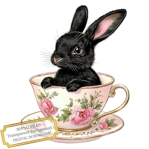 Adorabile coniglietto nero in una tazza da tè vintage - 10 PNG acquerellati di alta qualità - Artigianato, journaling, scrapbooking, download digitale