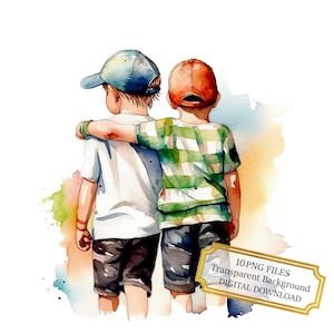 Paquete de imágenes prediseñadas de mejores amigos de niños pequeños: 10 PNG de acuarela de alta calidad: arte de la amistad, diario, material para álbumes de recortes, descarga digital